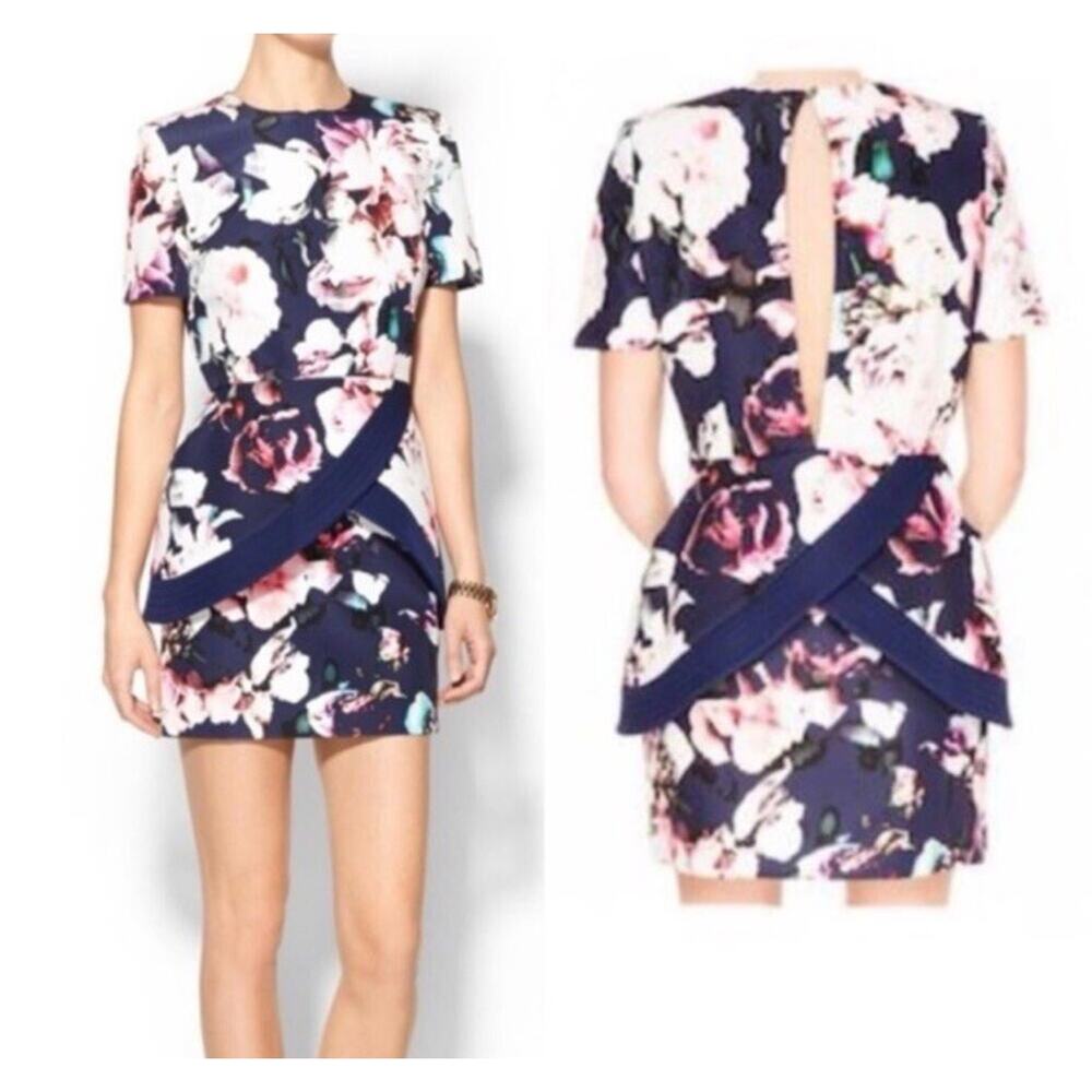 NWT Finders Keepers Pursuit Mini Dress Blue Floral Structured Peplum Size S